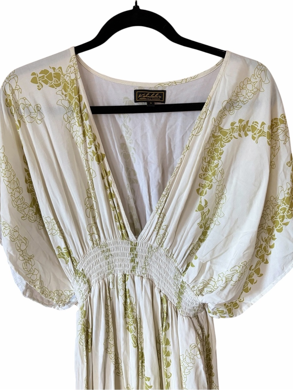 KAHULALE’A Kamaile Maxi Dress Cream Golden Yellow Lei Puakenikeni Rayon